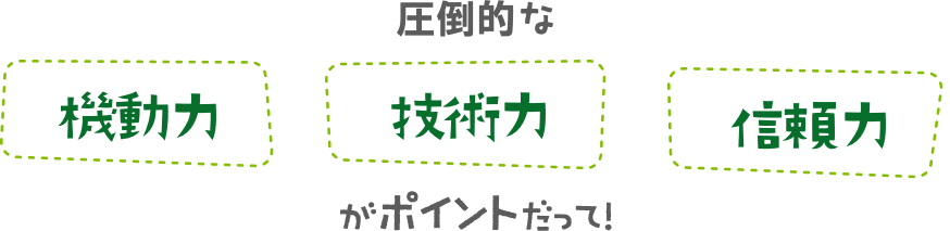 圧倒的な「機動力」・「技術力」・「信頼力」がポイントだって！